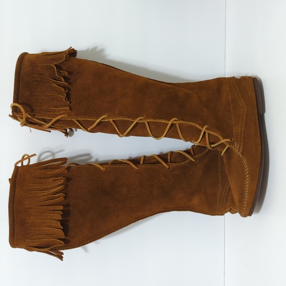 Minnetonka Tall Fringe front Lace suede Pocahontas boots womans size 7 - Picture 3 of 12